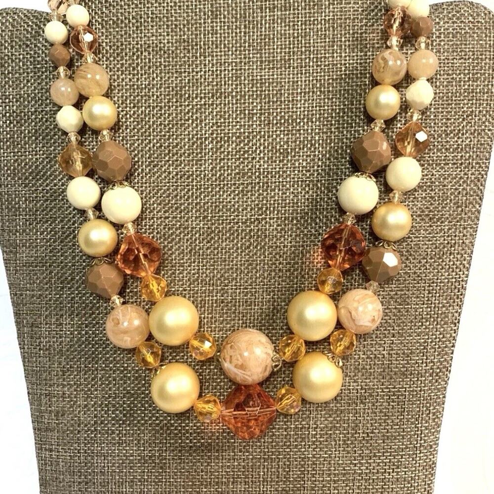 Vintage Made in Germany Double Strand Lucite Bead Necklace Cream Amber 16" MCM